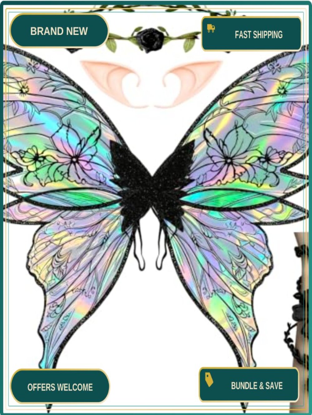 Fairy Costume Set Organza Wings Elf Ears Garland Arm Wraps